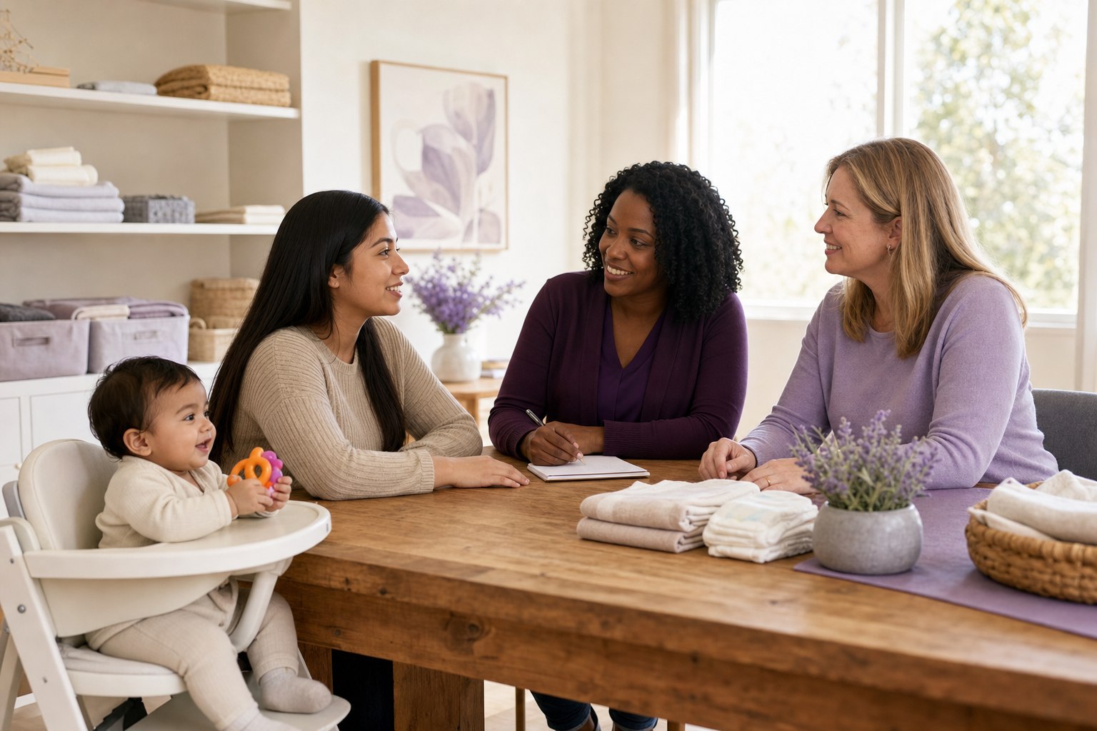 Young mother and baby meeting with supportive mentors around a resource table