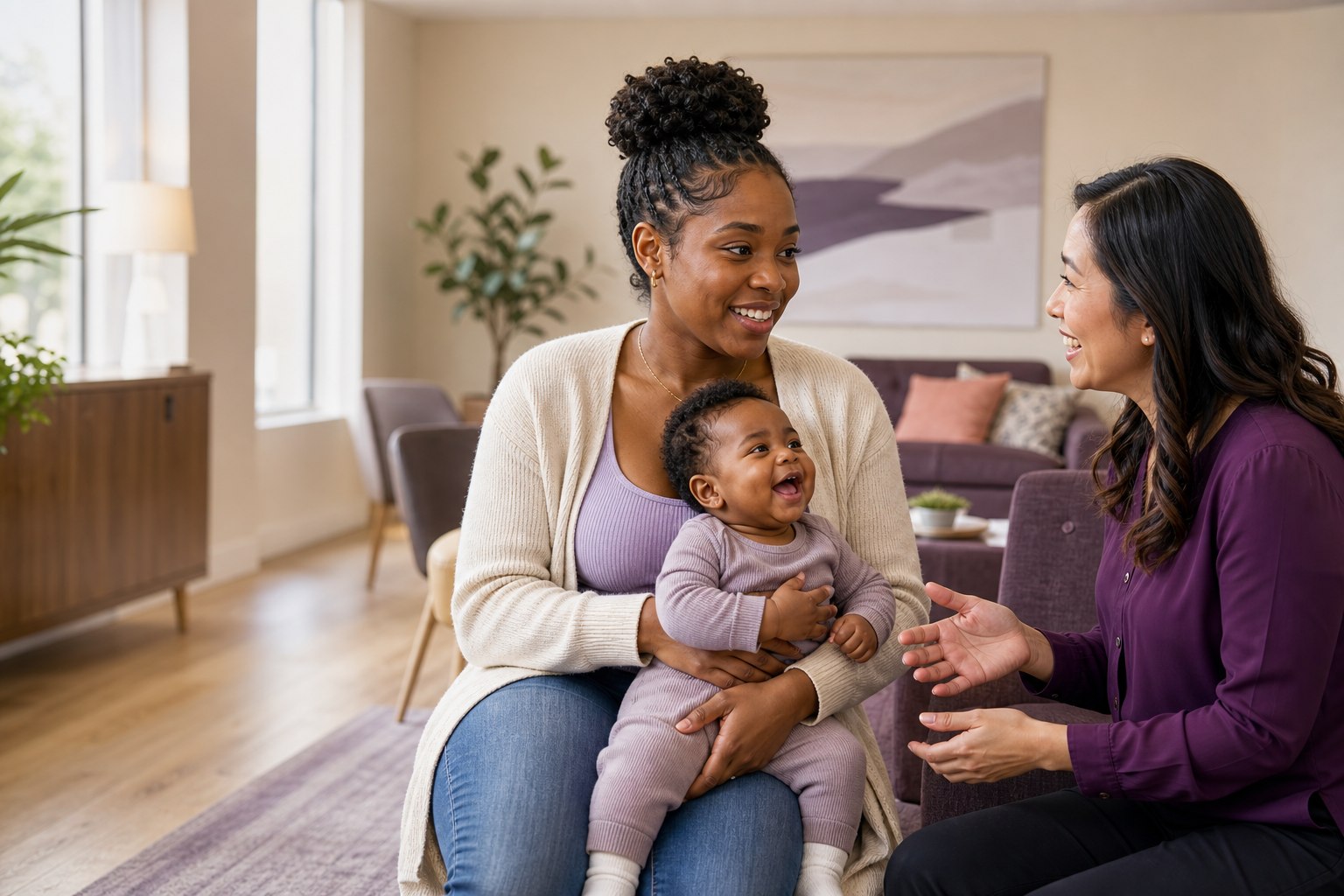 Young mother holding her smiling baby while talking with a Life Choices support person