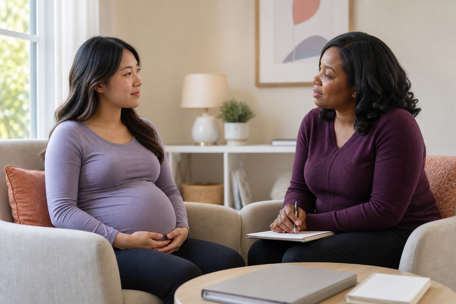 Young Asian pregnant woman discussing adoption questions with a Black counselor
