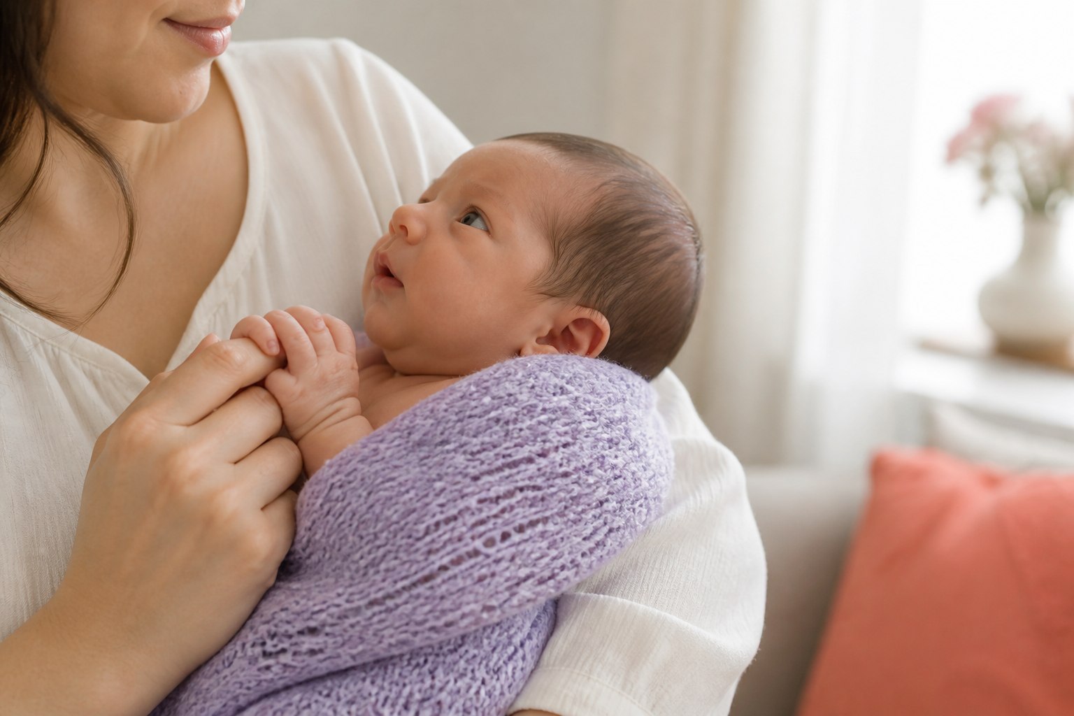 Newborn holding a young mother's finger while being safely cradled