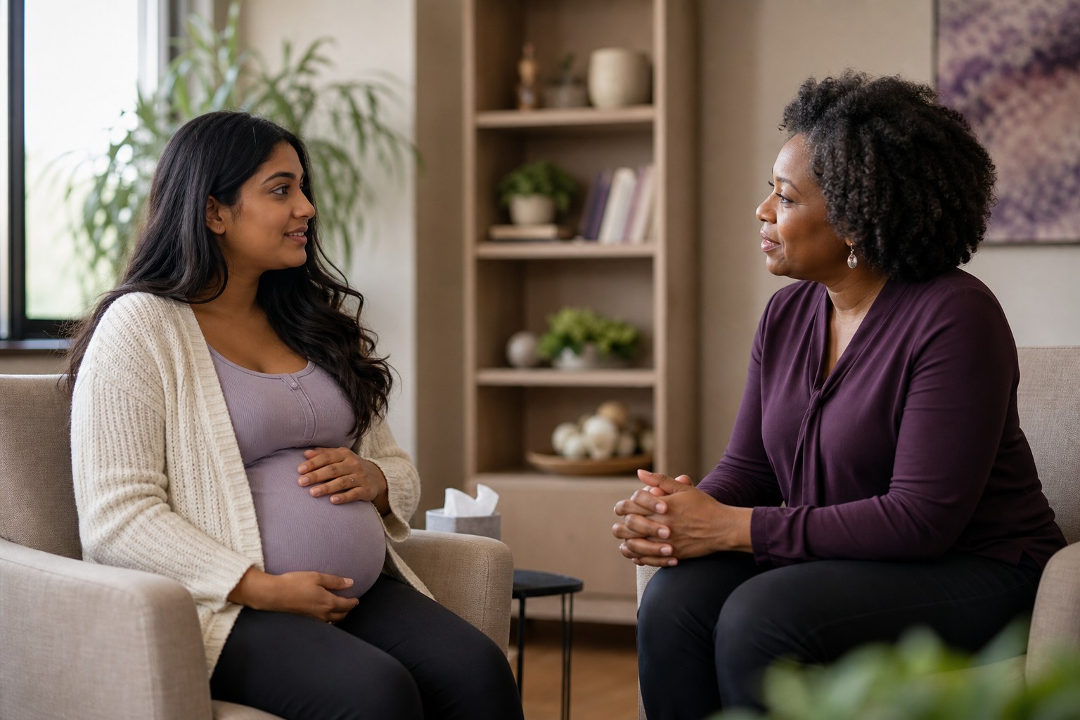Young South Asian pregnant woman having a calm conversation with a Black counselor