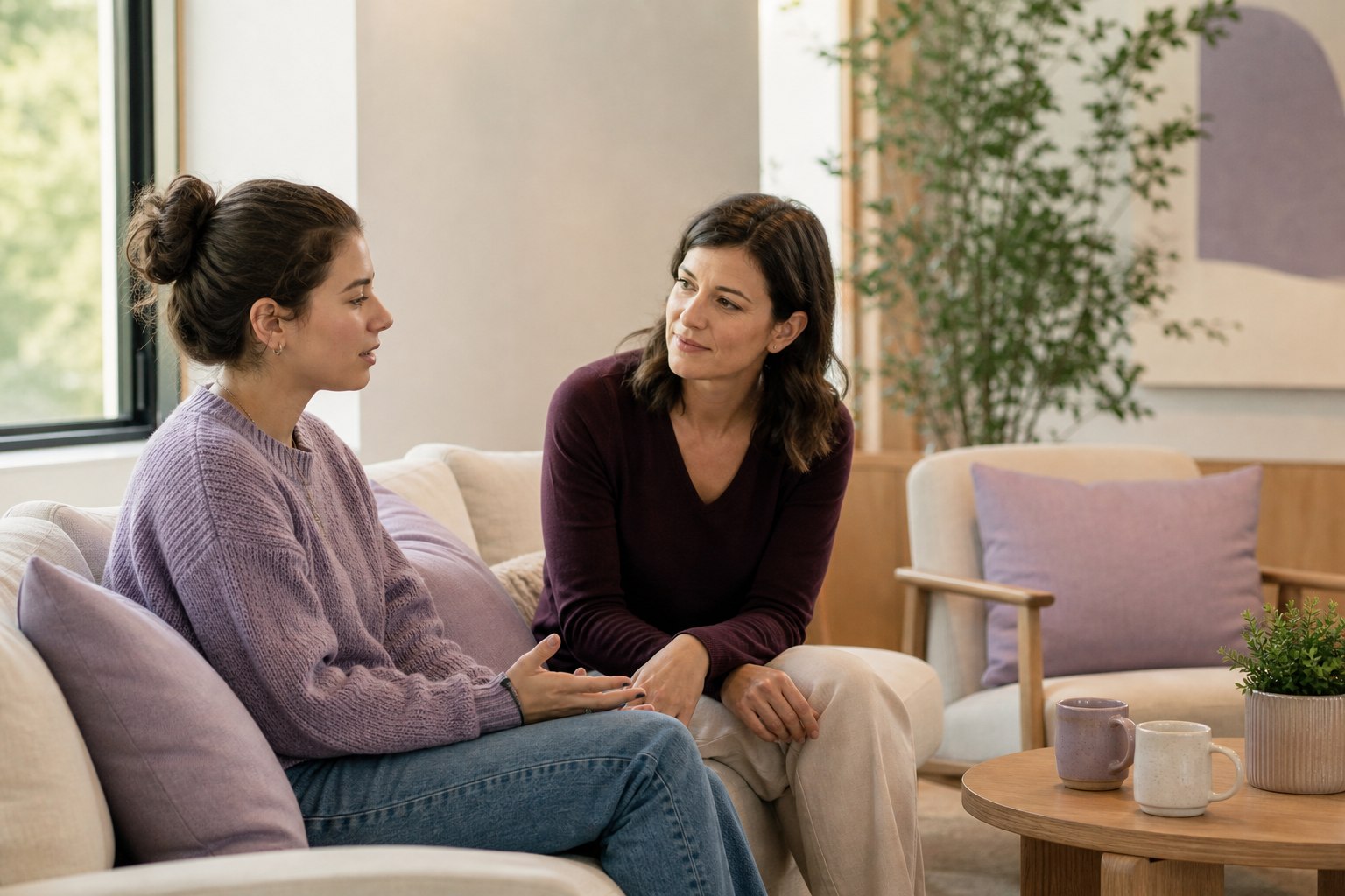 Young woman speaking with a compassionate support person in a comfortable lounge