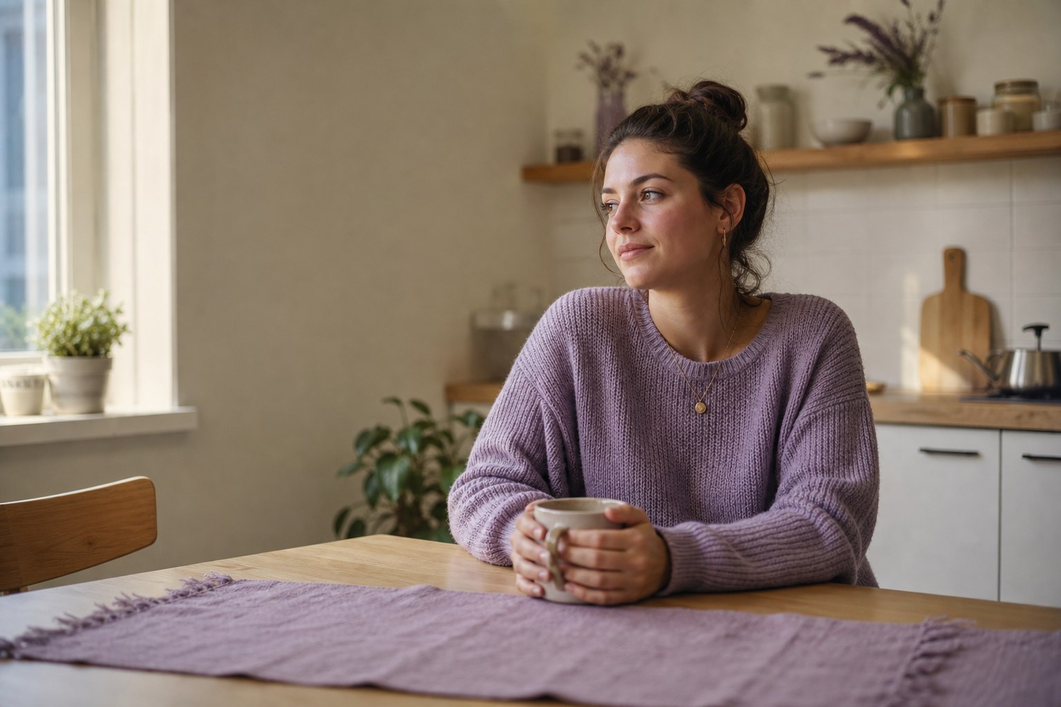 Young woman sitting quietly with a warm drink in a sunlit kitchen