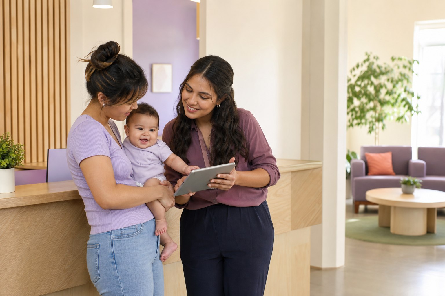 Young mother and baby reviewing community resource information with a helpful staff member