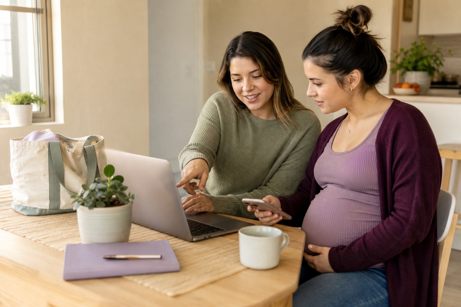 Young pregnant woman and trusted friend using a laptop and phone to organize practical resources