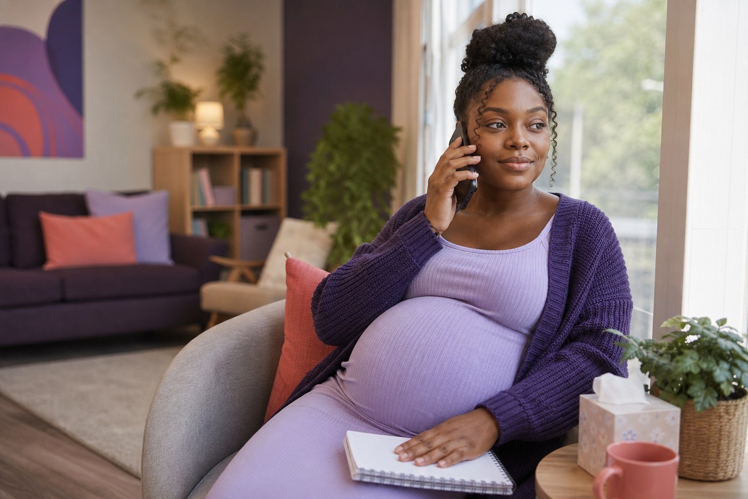 A young pregnant woman having a reassuring phone conversation in a welcoming resource center