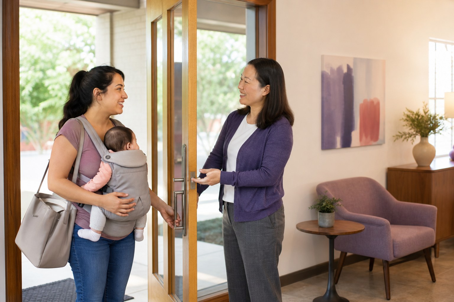 A young mother with her baby being welcomed into a community resource center