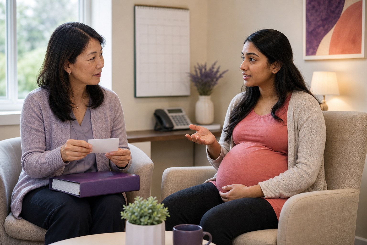 A young pregnant woman asking a staff coordinator about appointment details