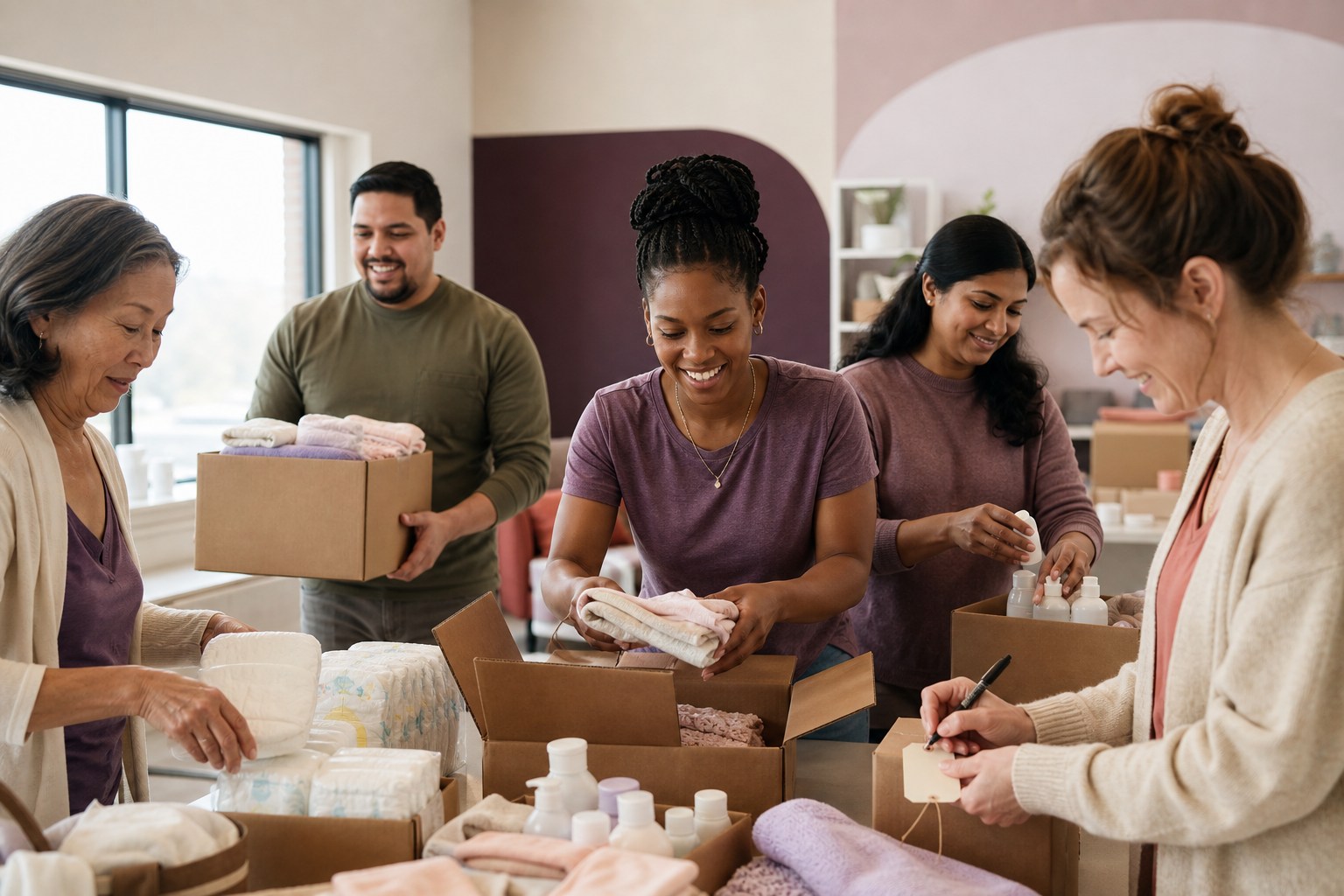 A diverse group of volunteers assembling practical care kits for mothers and babies