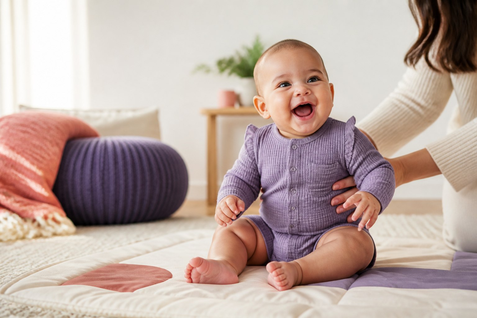 A joyful baby sitting on a play mat while a caregiver offers gentle support