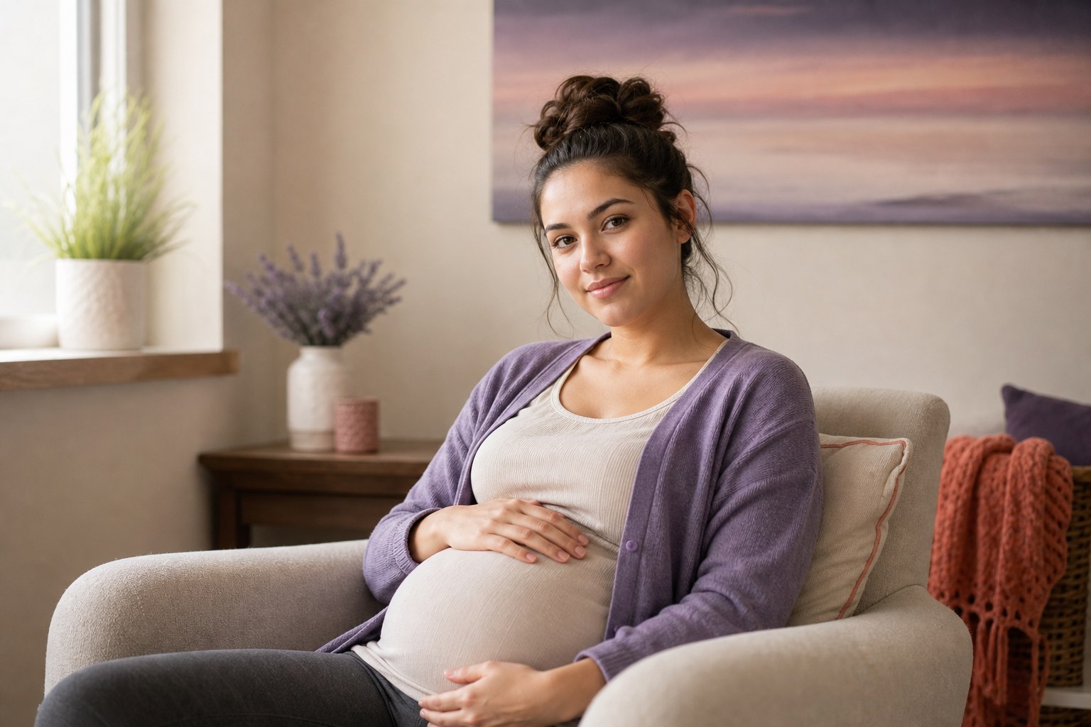 A young expectant mother seated comfortably with her hands resting on her pregnant belly