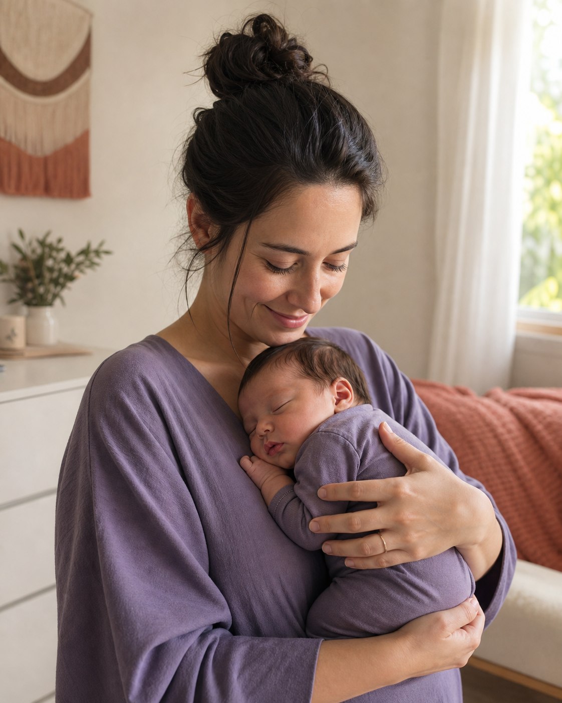 A mother gently cradling her sleeping newborn at home
