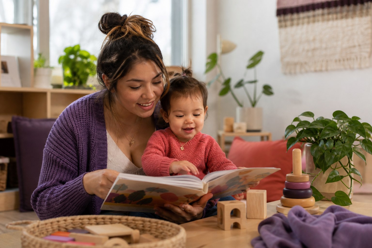 A young mother and her toddler enjoying a picture book together