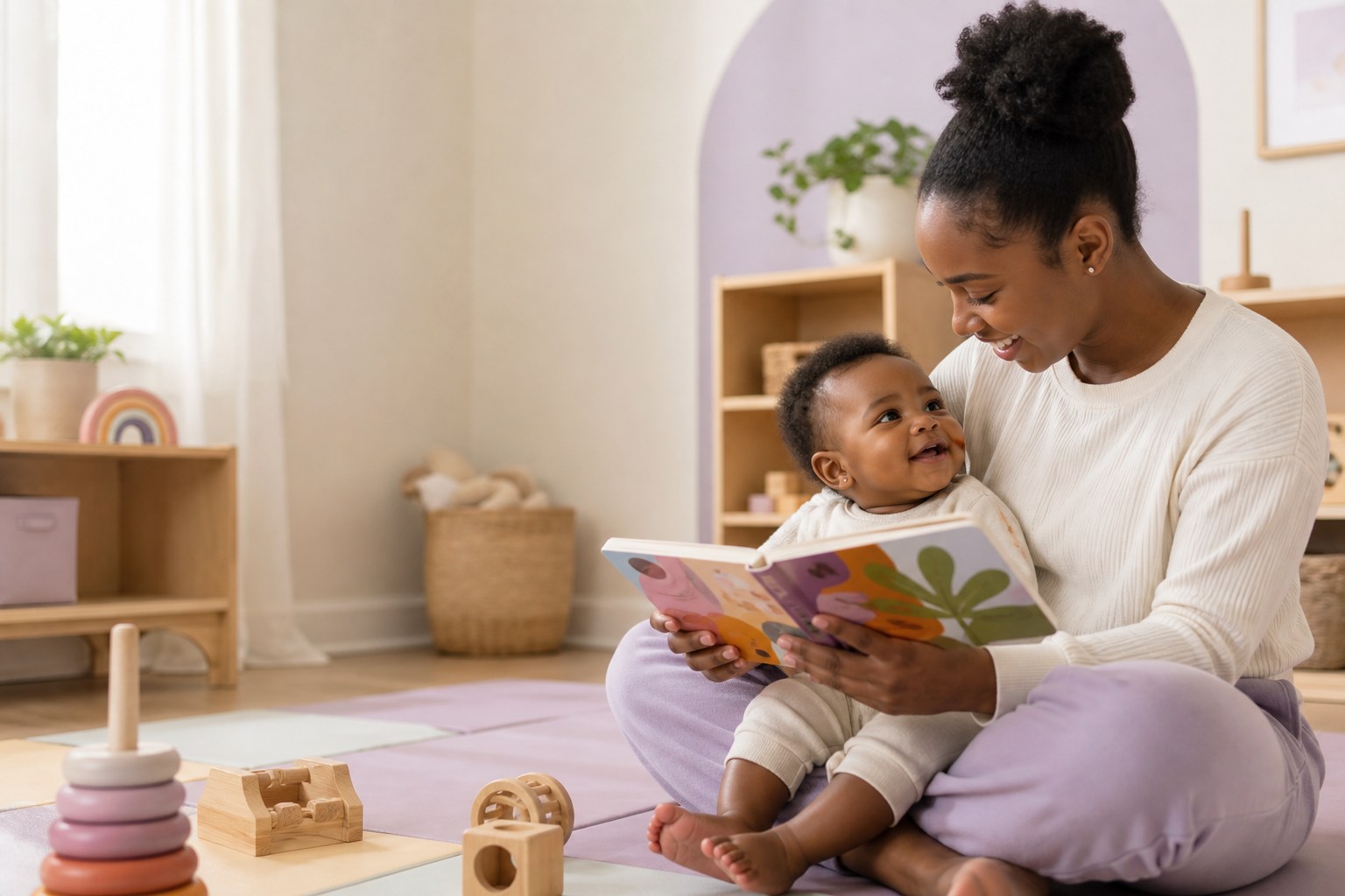 Young Black mother reading a colorful board book with her smiling baby