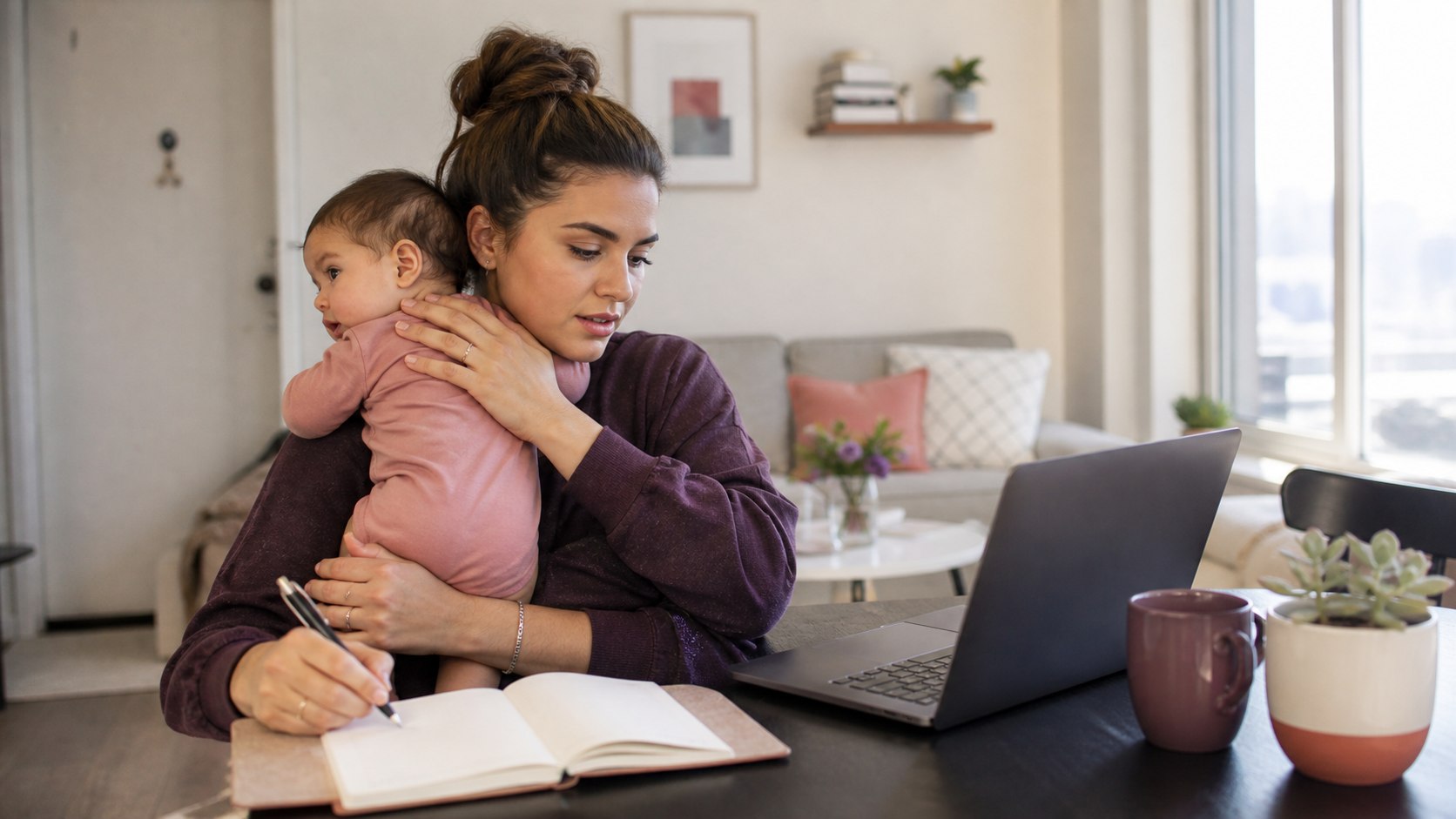 Young mother studying at home while safely holding her baby