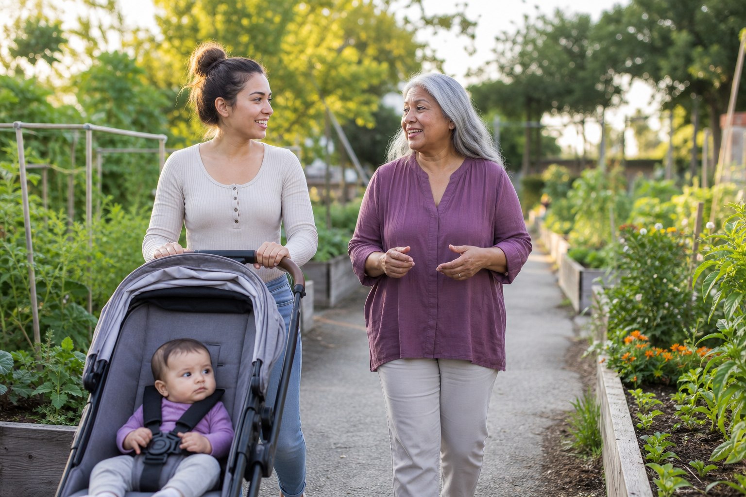 Young mother walking with her baby and talking with a trusted mentor