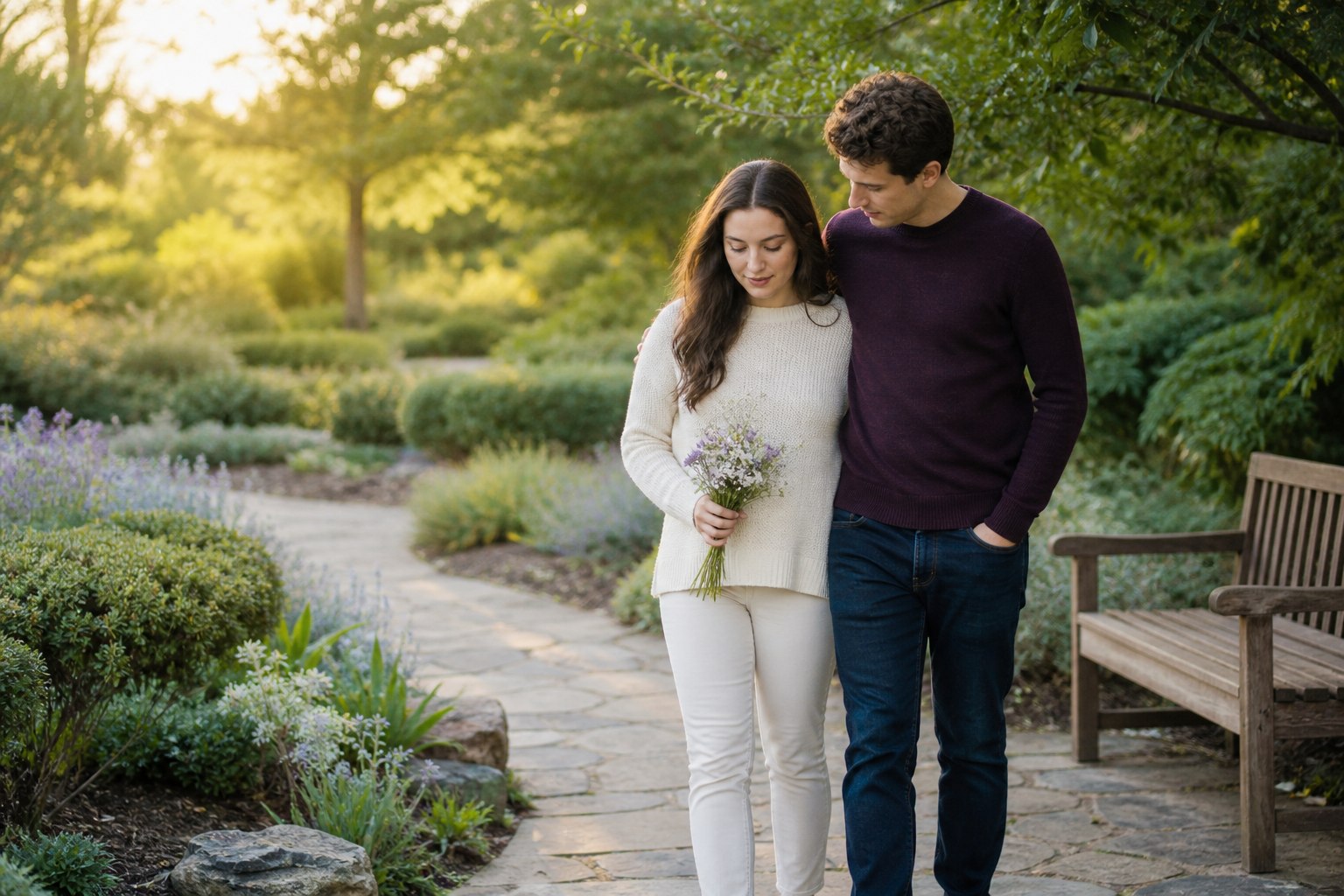 Young couple walking together through a peaceful garden while holding flowers