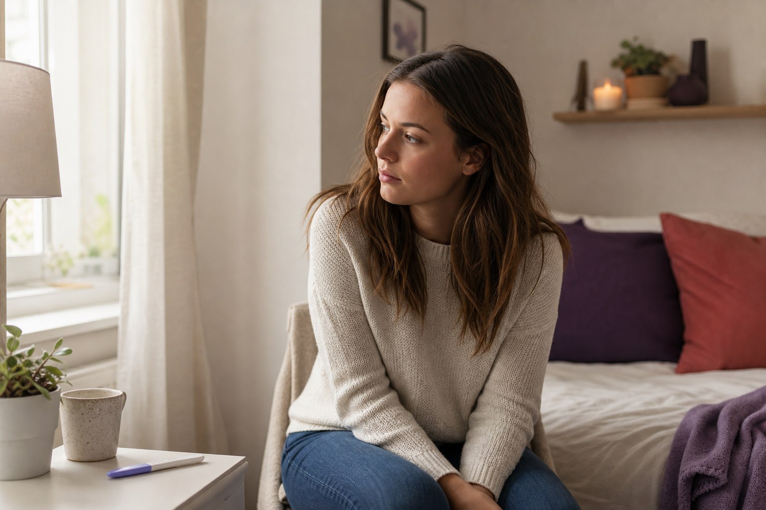 A young woman sitting thoughtfully near a window with a home pregnancy test resting on a nearby table