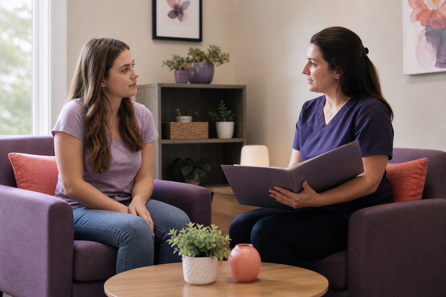 A young woman having a calm conversation with a nurse in a welcoming consultation room