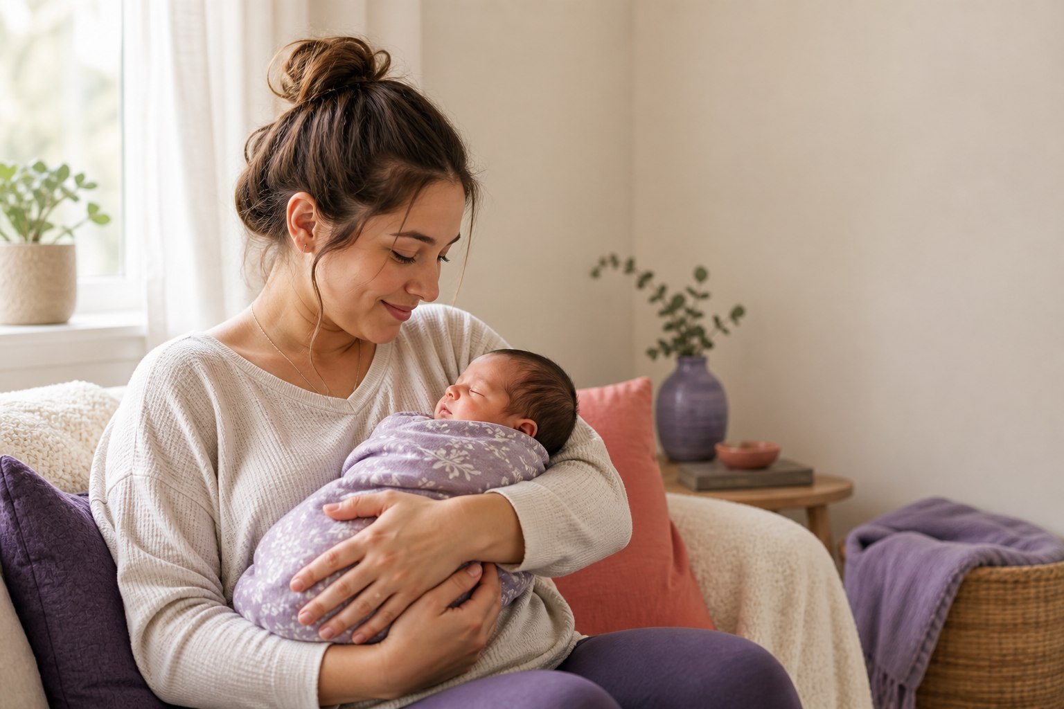 A young mother gently holding her sleeping newborn in a bright living room