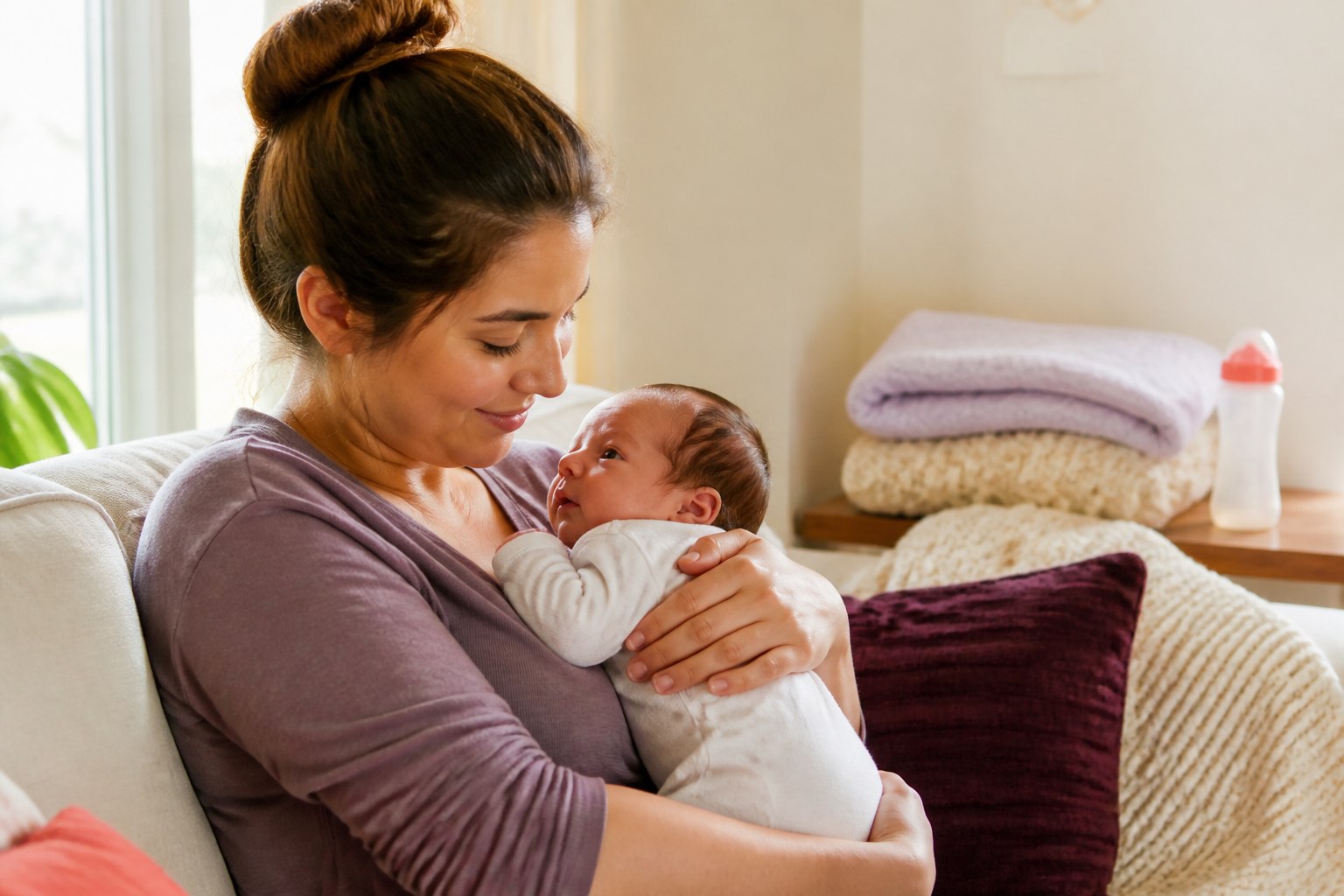 Young mother smiling at the newborn she is holding