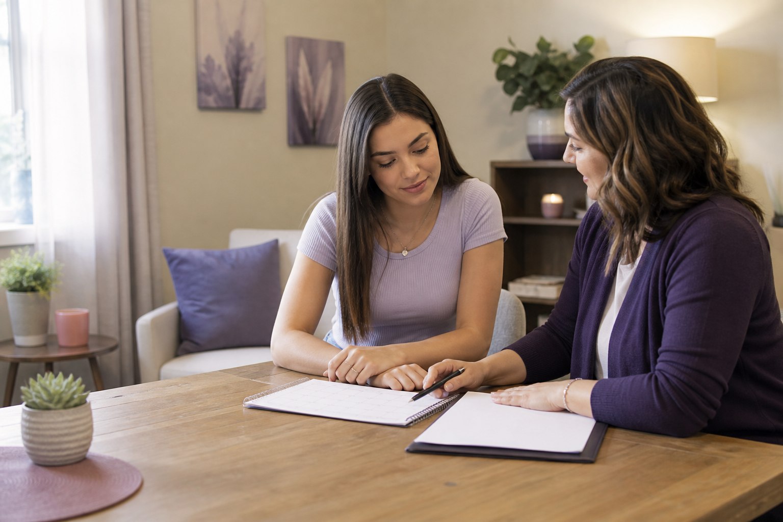 Young woman reviewing appointment information with a supportive resource center staff member