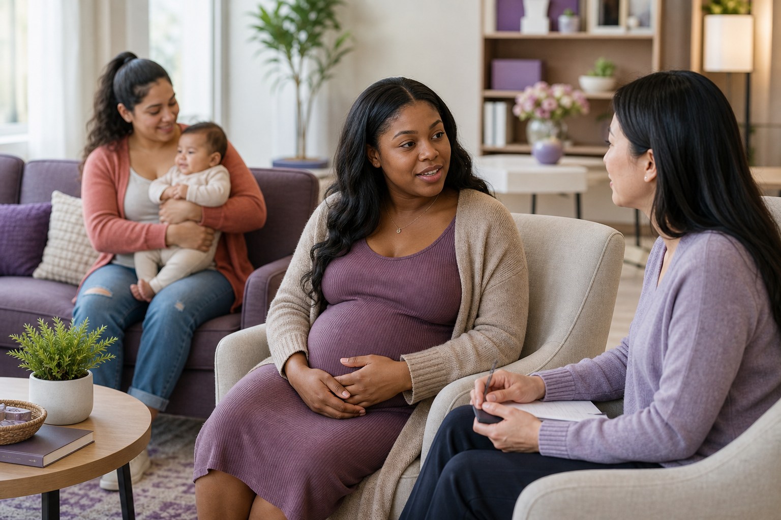 Young Black pregnant woman speaking with an Asian mentor while a Latina mother holds her baby nearby