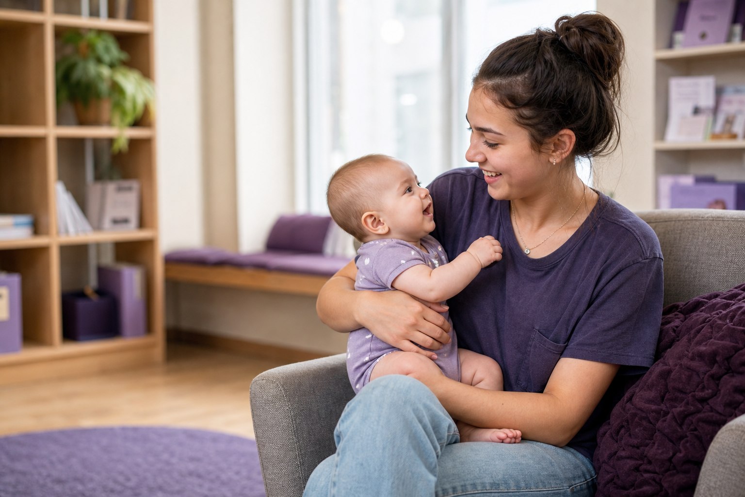Young mother smiling at her baby in a welcoming parenting resource center