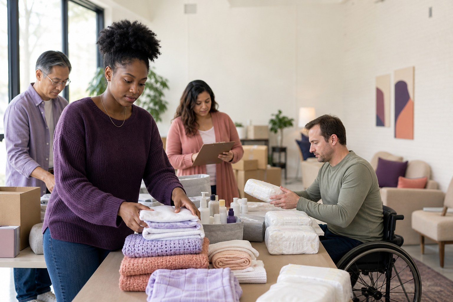 A diverse volunteer team organizing baby-care supplies in a welcoming resource center